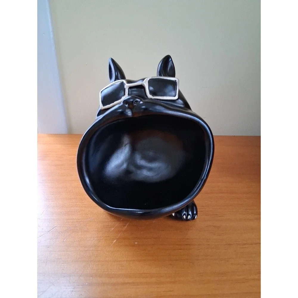 Black and Gold Resin French Bulldog Large Mouth Figurine Bowl Key Holder